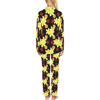 Yellow Plumeria Pattern Print Design PM04 Women's Long Pajama Set