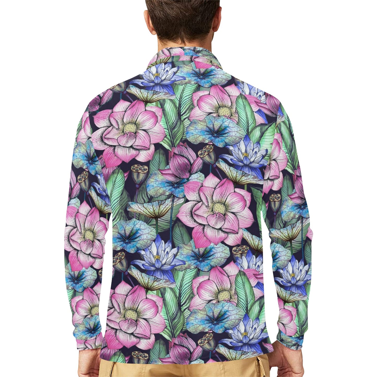 Water Lily Pattern Print Design WL07 Long Sleeve Polo Shirt For Men's