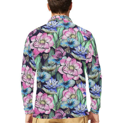 Water Lily Pattern Print Design WL07 Long Sleeve Polo Shirt For Men's