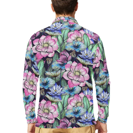 Water Lily Pattern Print Design WL07 Long Sleeve Polo Shirt For Men's
