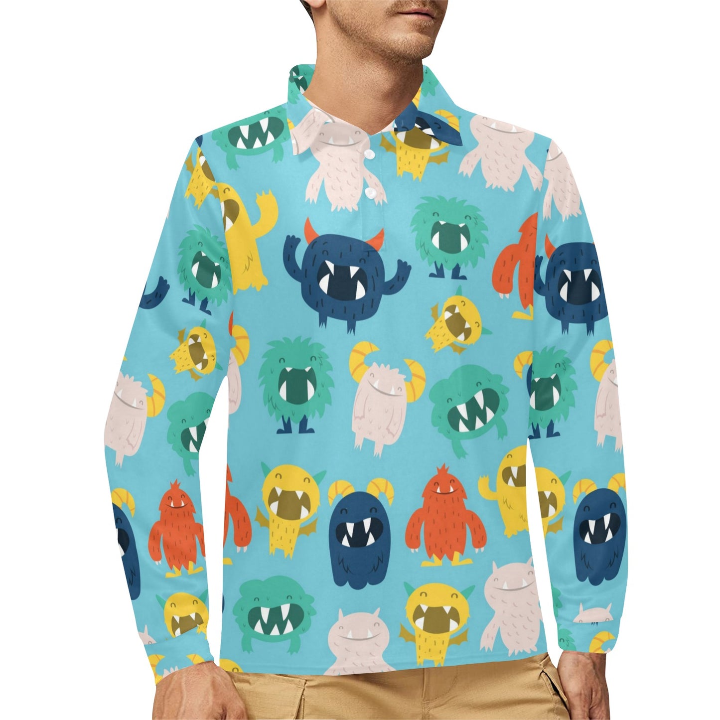 Monster Cartoon Pattern Print Design 03 Long Sleeve Polo Shirt For Men's