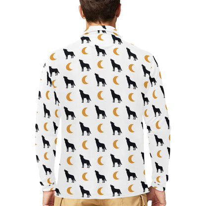 Wolf Moon Print Design LKS302 Long Sleeve Polo Shirt For Men's