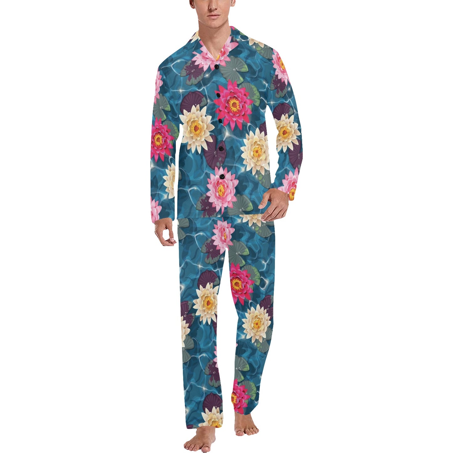 Water Lily Pattern Print Design WL05 Men's Long Pajama Set