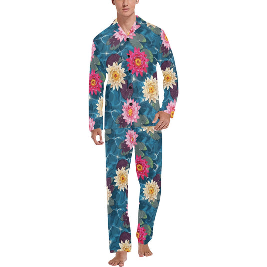 Water Lily Pattern Print Design WL05 Men's Long Pajama Set