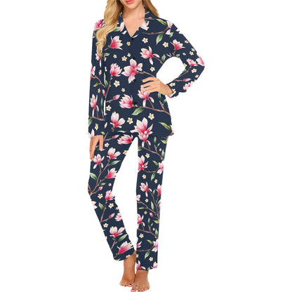 Magnolia Pattern Print Design MAG09 Women's Long Pajama Set