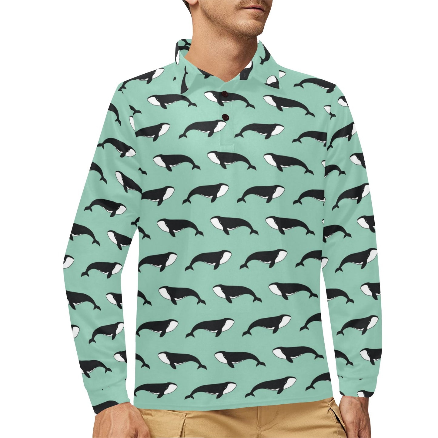 Whale Print Design LKS307 Long Sleeve Polo Shirt For Men's