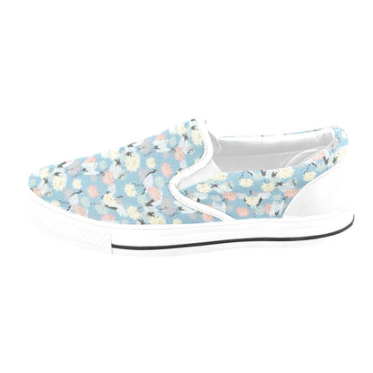 Water Lily Print Design LKS304 White Slip Ons Canvas Women's Shoes