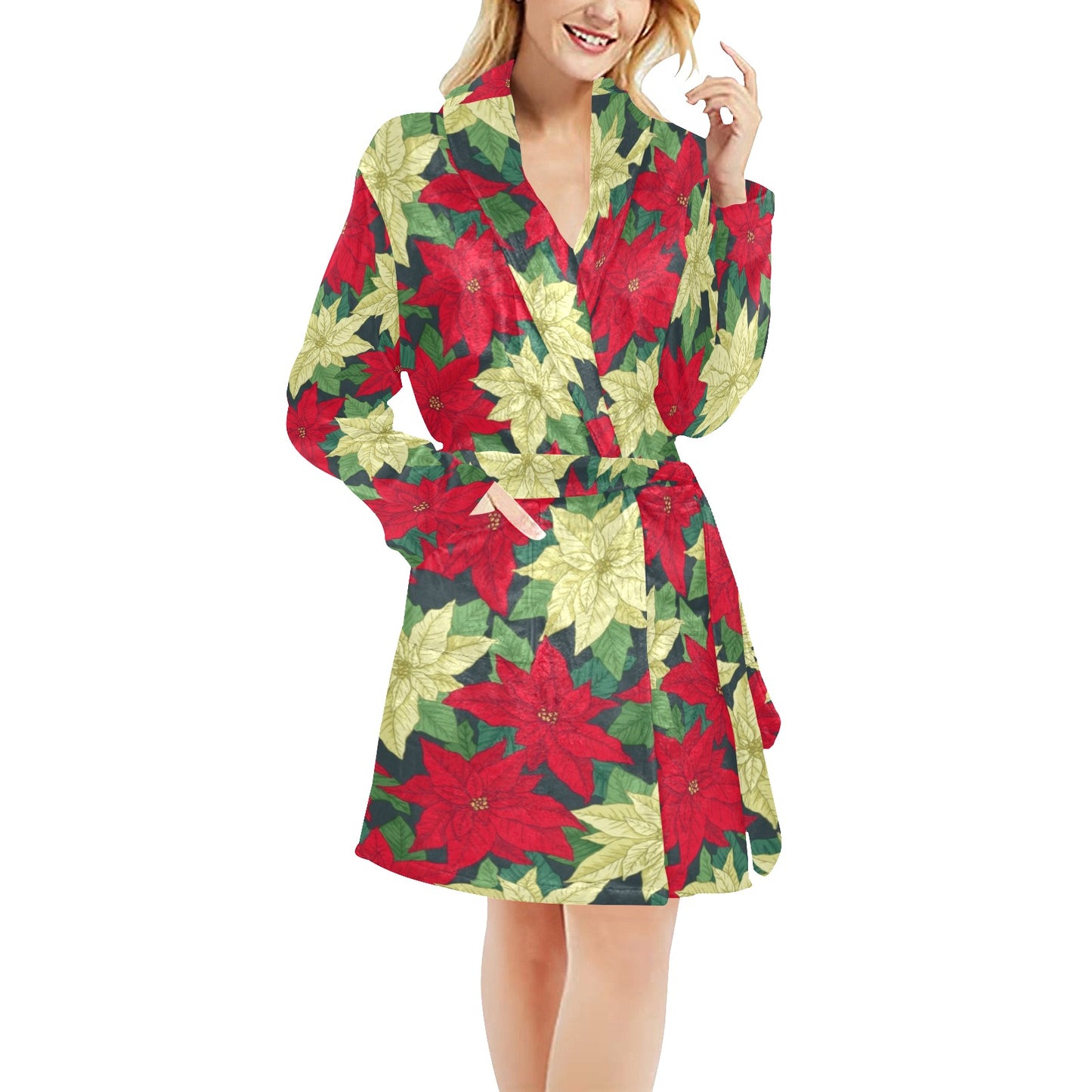 Poinsettia Pattern Print Design POT06 Women's Fleece Robe