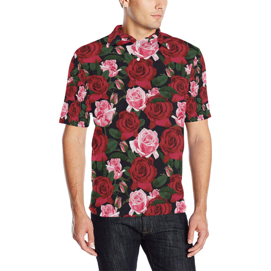 Rose Red Pink Pattern Print Design RO01 Men Polo Shirt