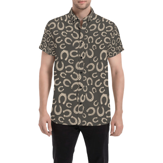 Horseshoe Print Design LKS303 Men Short Sleeve Button Up Shirt