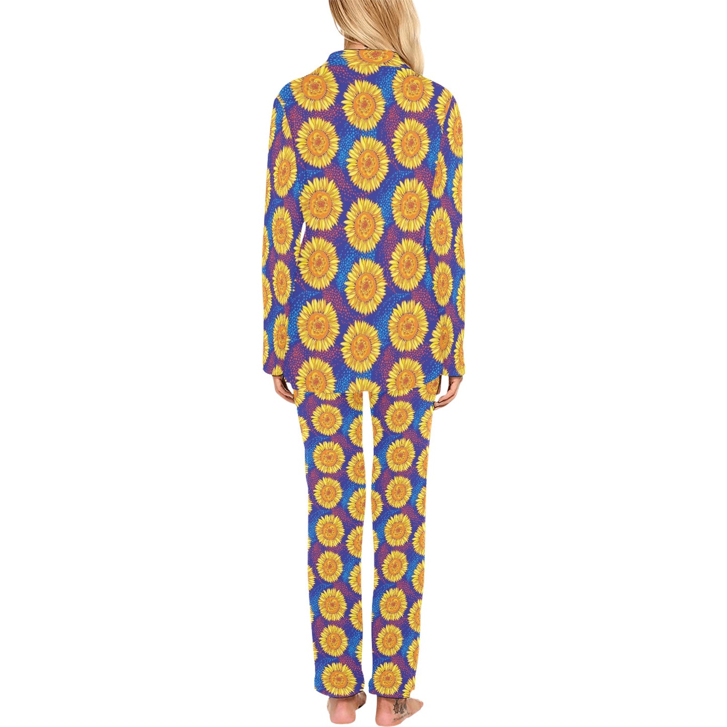 Sunflower Hand Drawn Style Print Women's Long Pajama Set