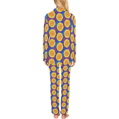 Sunflower Hand Drawn Style Print Women's Long Pajama Set