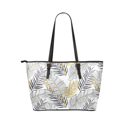 Gold Glitter Tropical Palm Leaves Leather Tote Bag