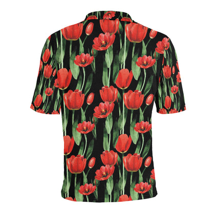 Tulip Red Pattern Print Design TP03 Men Polo Shirt