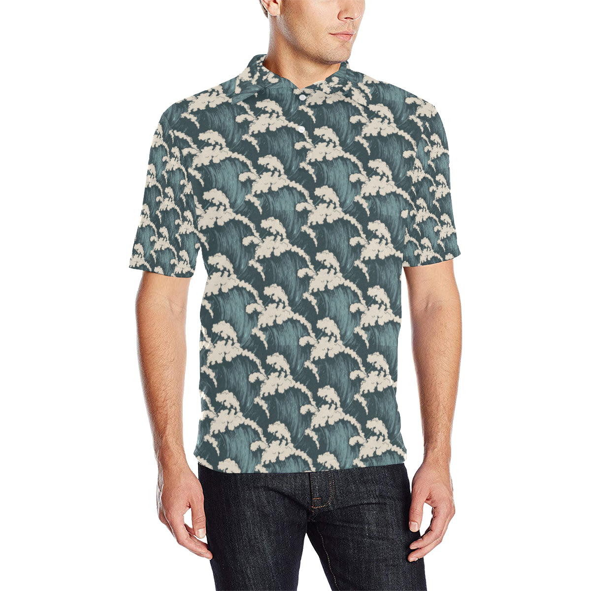Wave Art Print Men Polo Shirt