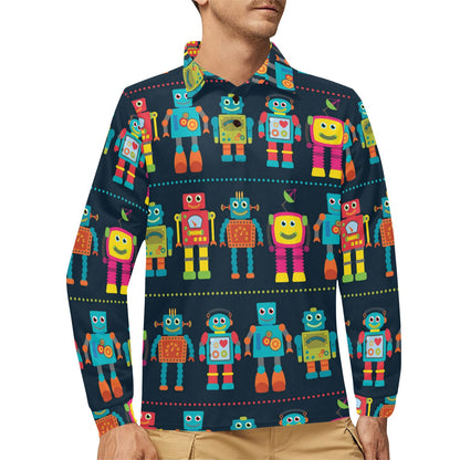Robot Pattern Print Design A01 Long Sleeve Polo Shirt For Men's