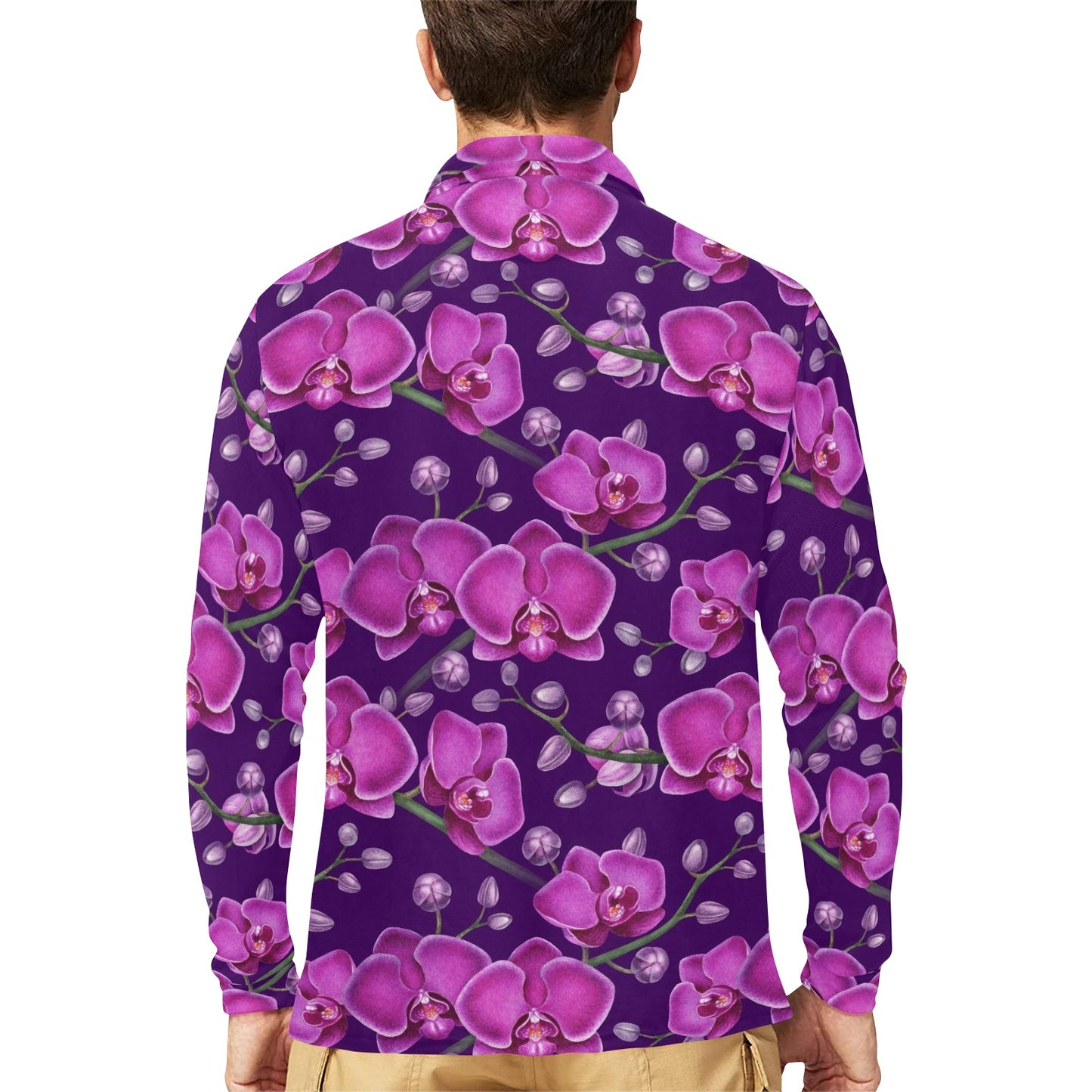 Orchid Pattern Print Design A03 Long Sleeve Polo Shirt For Men's