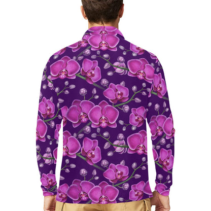 Orchid Pattern Print Design A03 Long Sleeve Polo Shirt For Men's