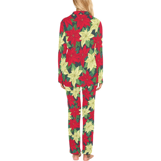 Poinsettia Pattern Print Design POT06 Women's Long Pajama Set