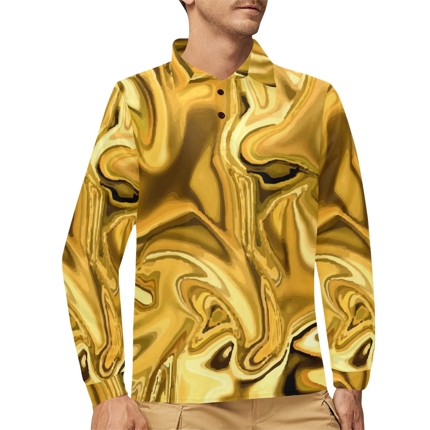 Liquid Pattern Print Design 03 Long Sleeve Polo Shirt For Men's