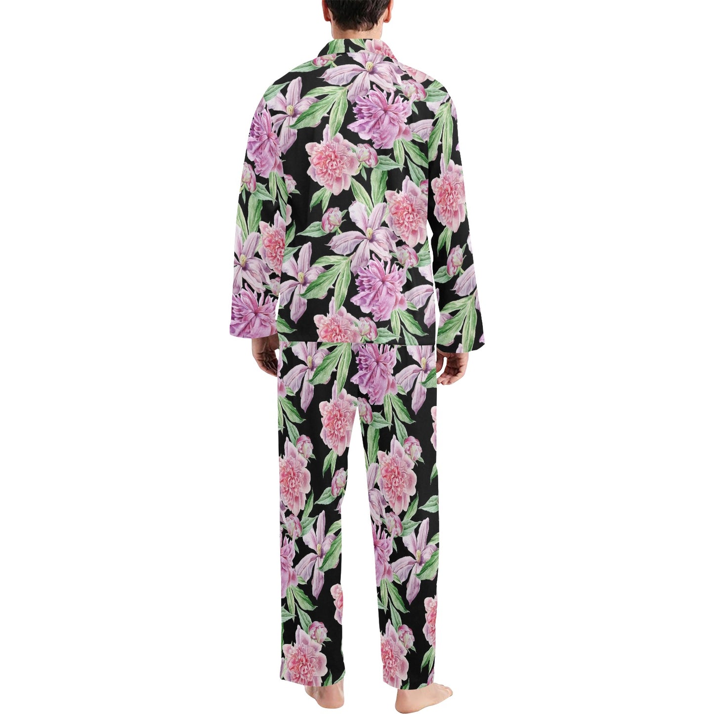 Peony Pattern Print Design PE08 Men's Long Pajama Set