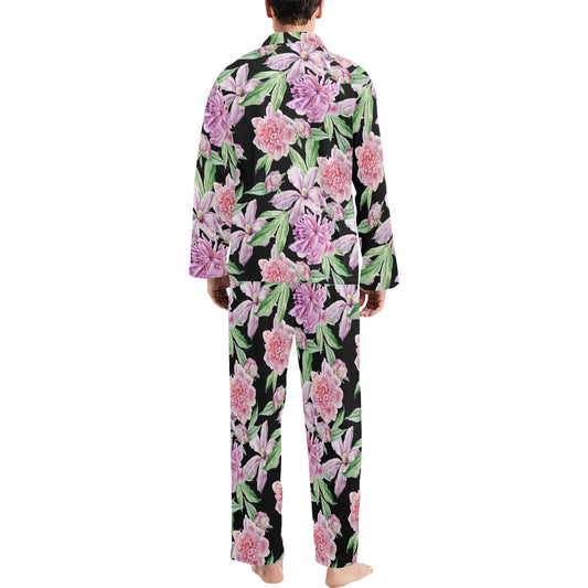 Peony Pattern Print Design PE08 Men's Long Pajama Set