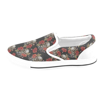 Spider Web Skull Rose Print Design LKS305 White Slip Ons Canvas Women's Shoes