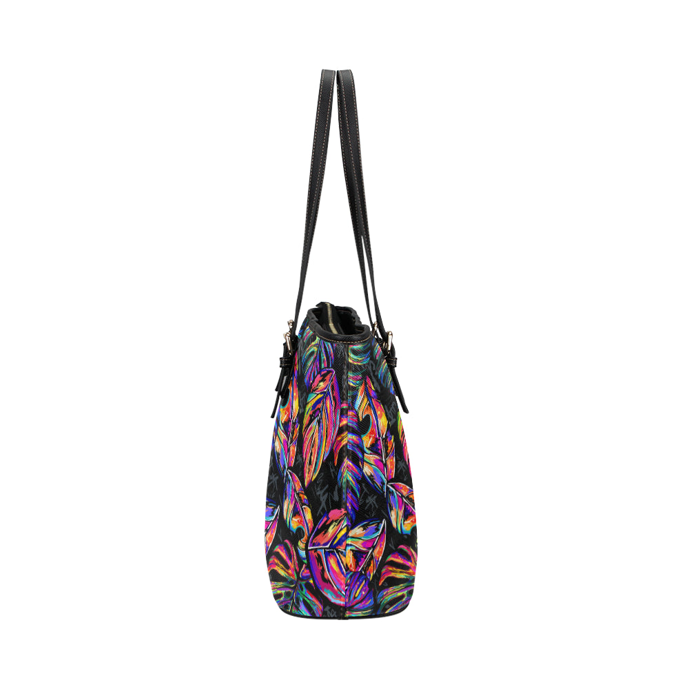Neon Color Tropical Palm Leaves Leather Tote Bag
