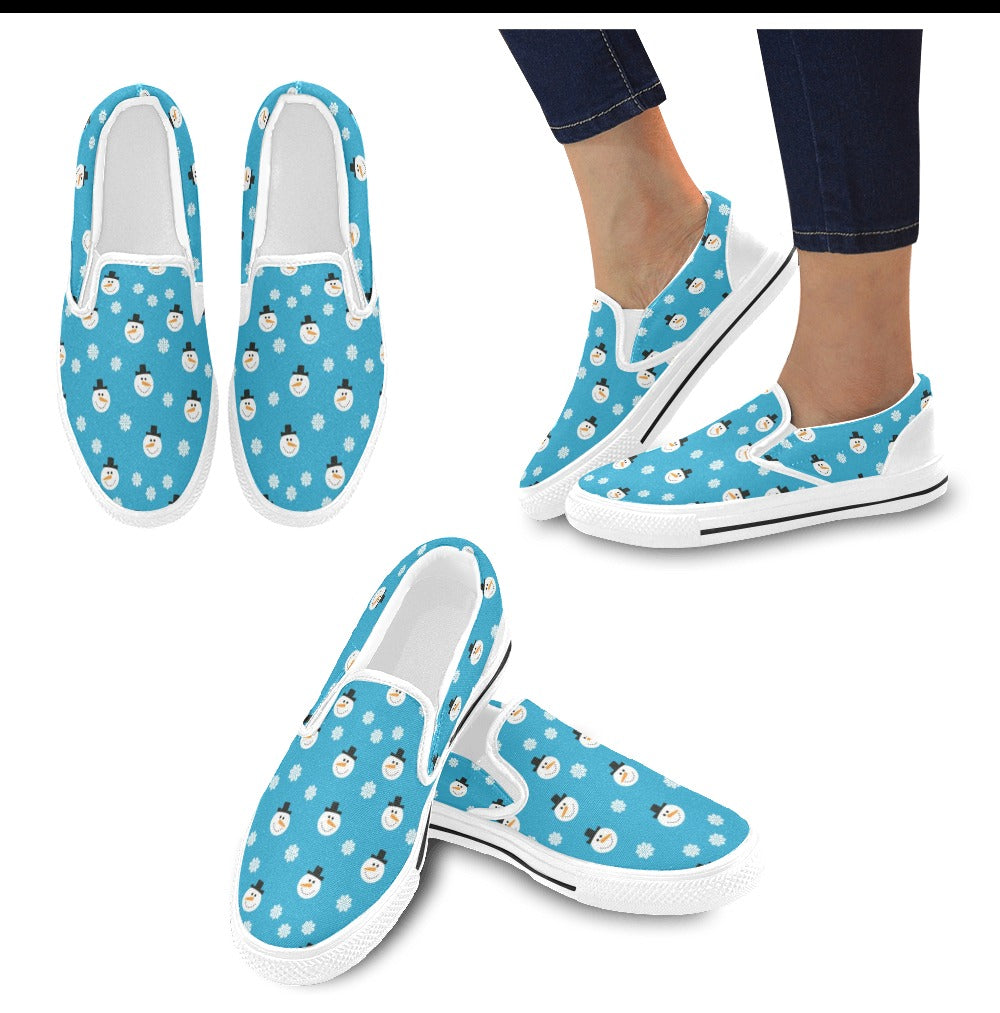 Snowman Print Design LKS303 White Slip Ons Canvas Women's Shoes