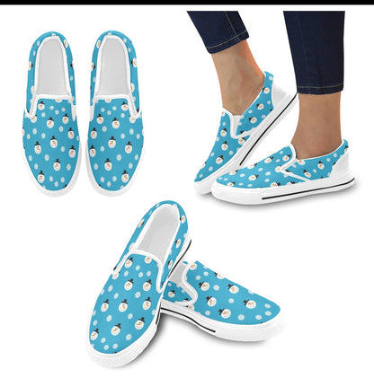 Snowman Print Design LKS303 White Slip Ons Canvas Women's Shoes
