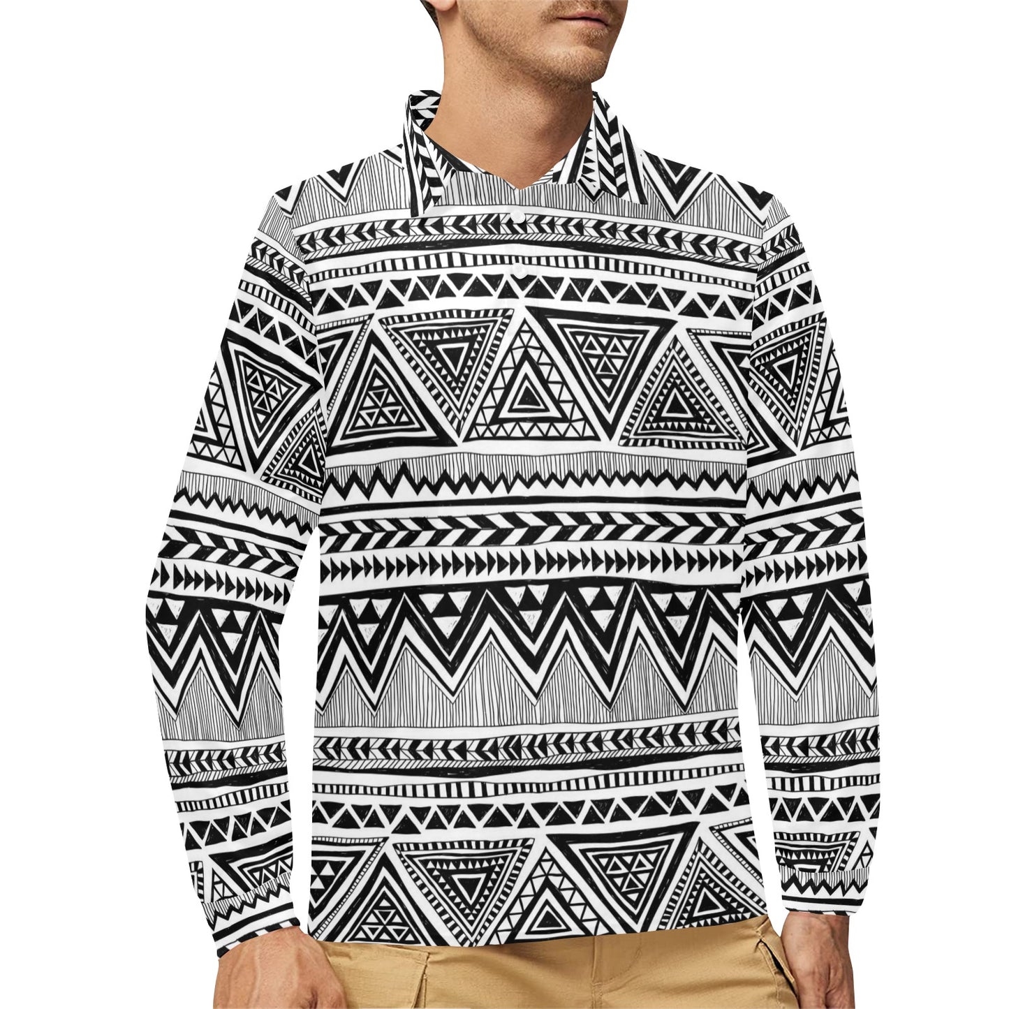Draw Tribal Aztec Long Sleeve Polo Shirt For Men's