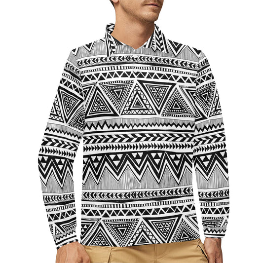 Draw Tribal Aztec Long Sleeve Polo Shirt For Men's