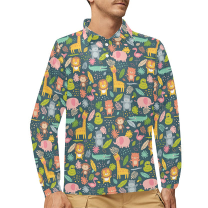 Safari Animal Cartoon Print Design LKS305 Long Sleeve Polo Shirt For Men's