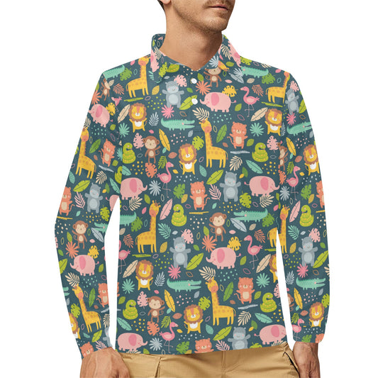 Safari Animal Cartoon Print Design LKS305 Long Sleeve Polo Shirt For Men's
