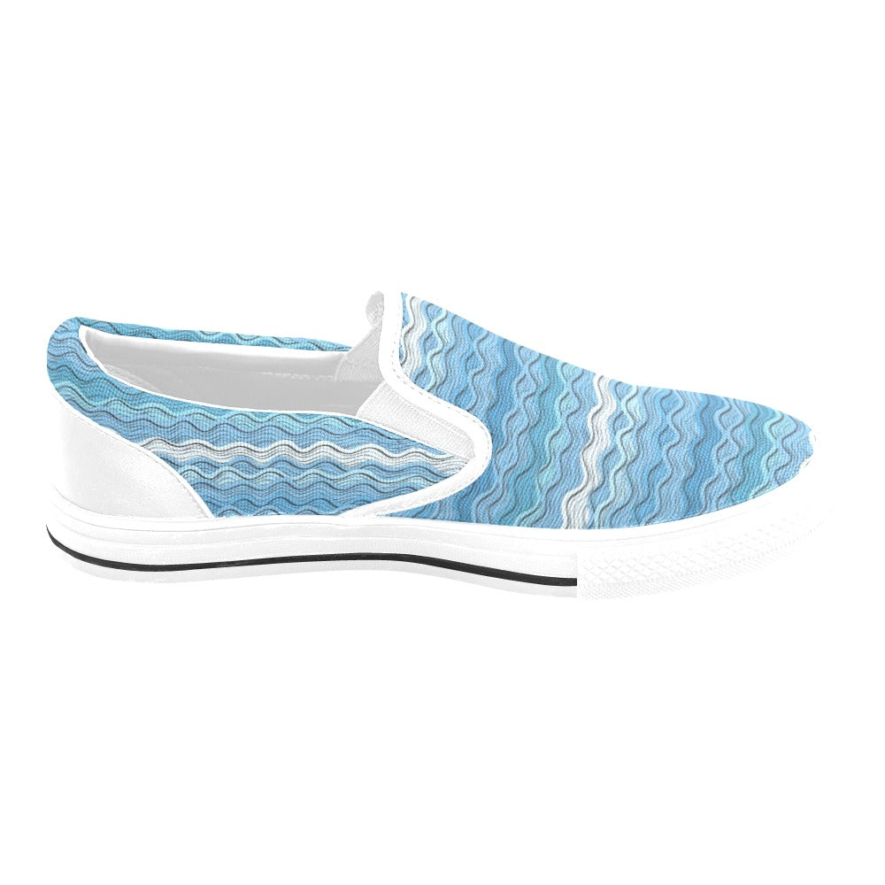Wave Print Design LKS301 White Slip Ons Canvas Women's Shoes