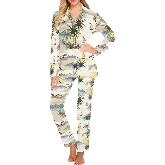Palm Tree Beach Print Women's Long Pajama Set