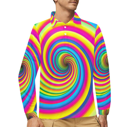 Vortex Twist Swirl Rainbow Design Long Sleeve Polo Shirt For Men's