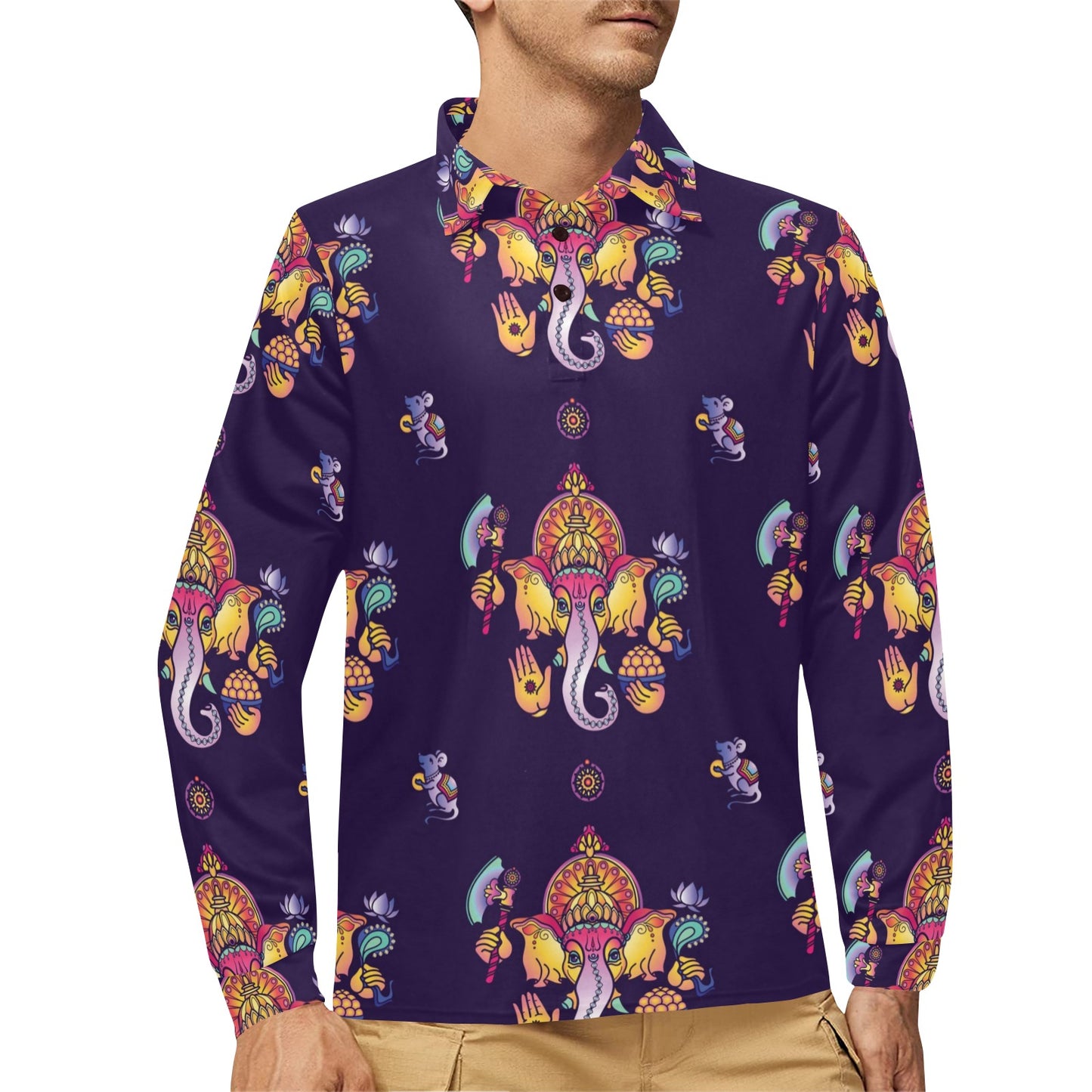 Ganesha Pattern Print Design 04 Long Sleeve Polo Shirt For Men's