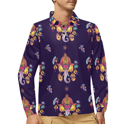 Ganesha Pattern Print Design 04 Long Sleeve Polo Shirt For Men's