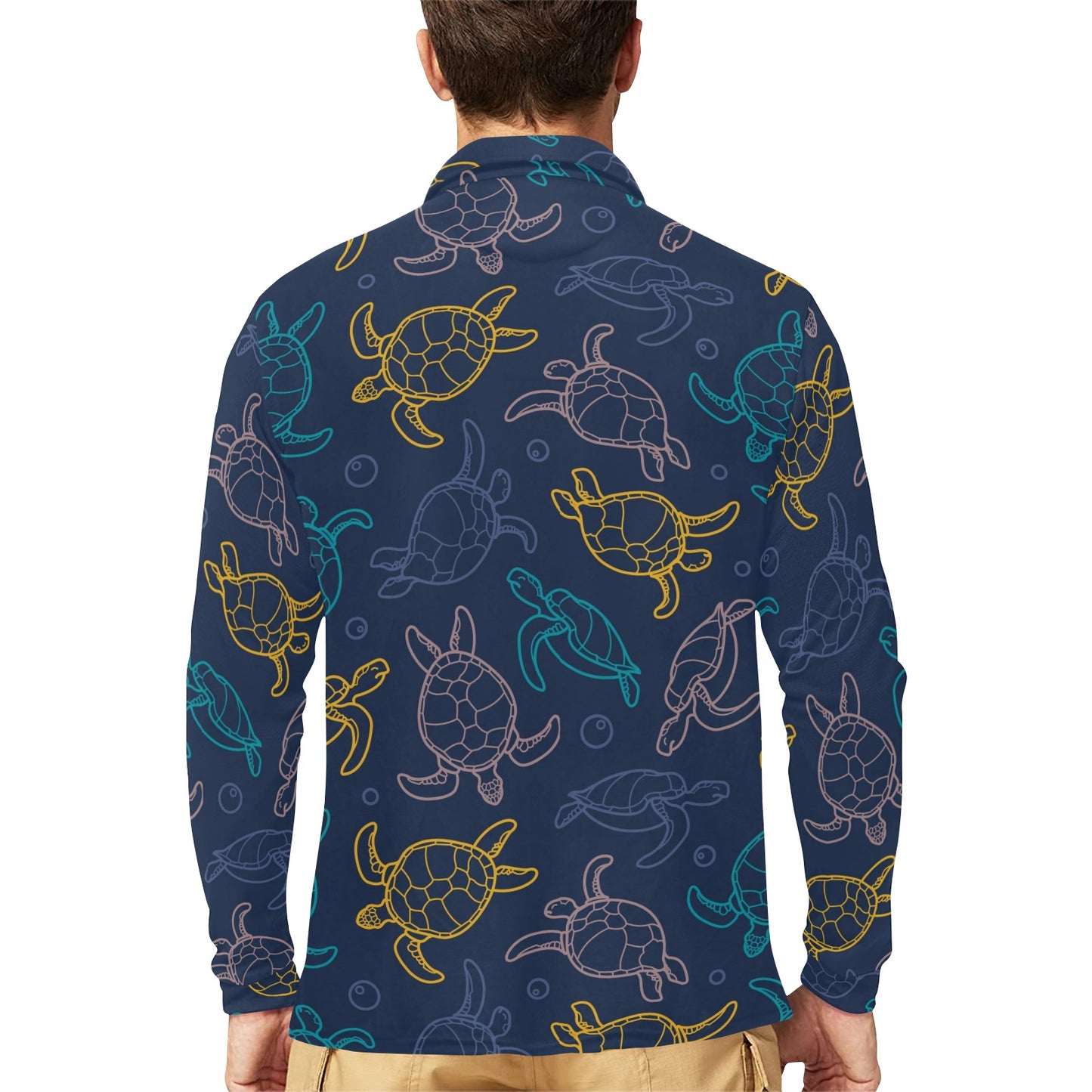 Sea Turtle Baby Print Long Sleeve Polo Shirt For Men's
