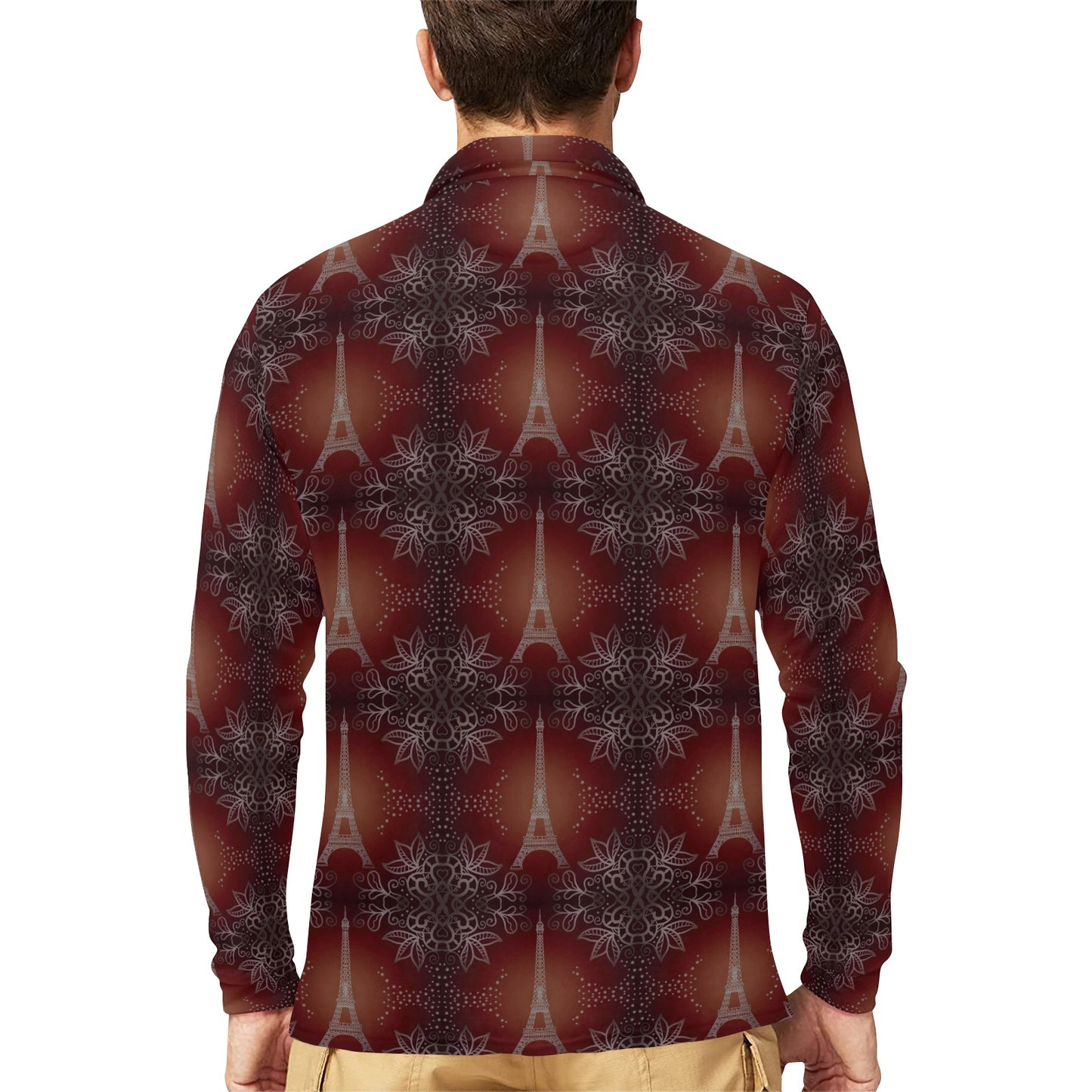 Eiffel Tower Drawing Print Long Sleeve Polo Shirt For Men's