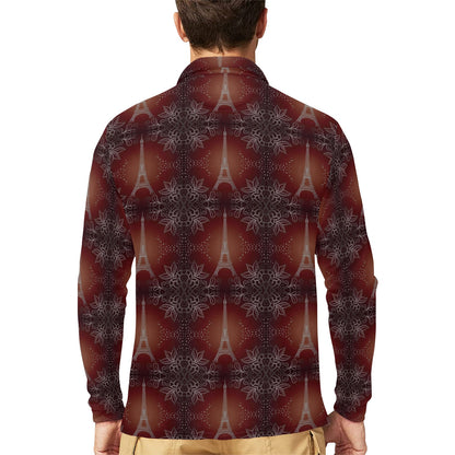 Eiffel Tower Drawing Print Long Sleeve Polo Shirt For Men's