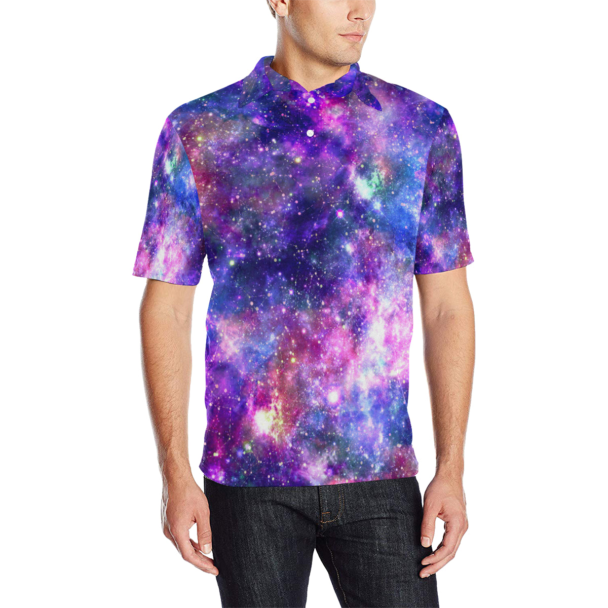 Galaxy Night Stardust Space Print Men Polo Shirt
