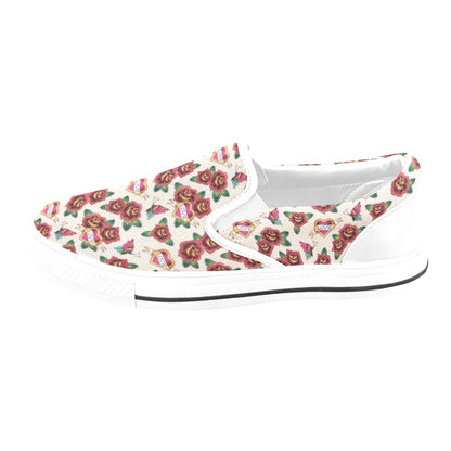 Tattoo Rose Print Design LKS302 White Slip Ons Canvas Women's Shoes