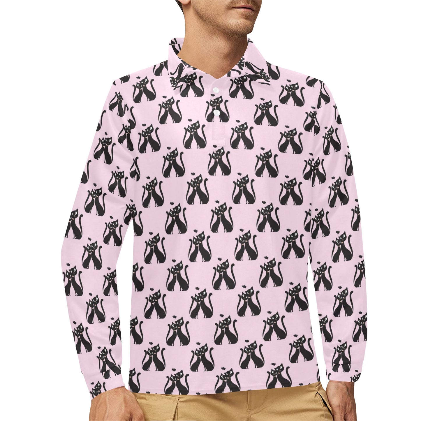Black Cat Pattern Print Design 01 Long Sleeve Polo Shirt For Men's