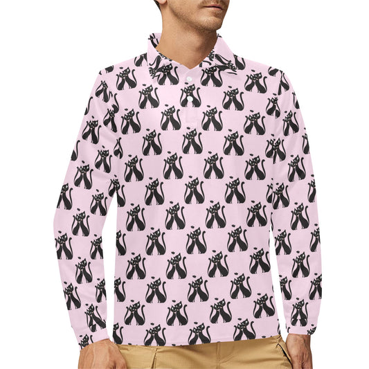 Black Cat Pattern Print Design 01 Long Sleeve Polo Shirt For Men's