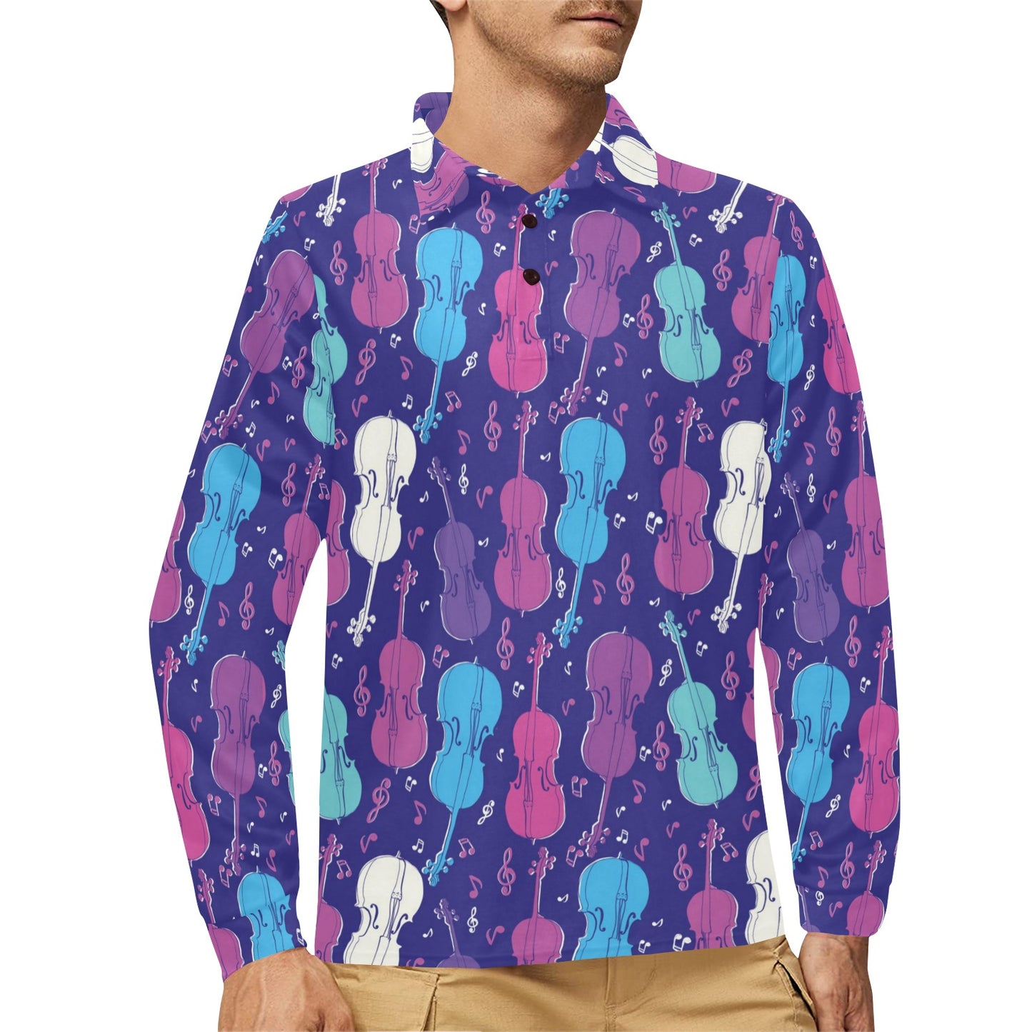 Cello Pattern Print Design 01 Long Sleeve Polo Shirt For Men's