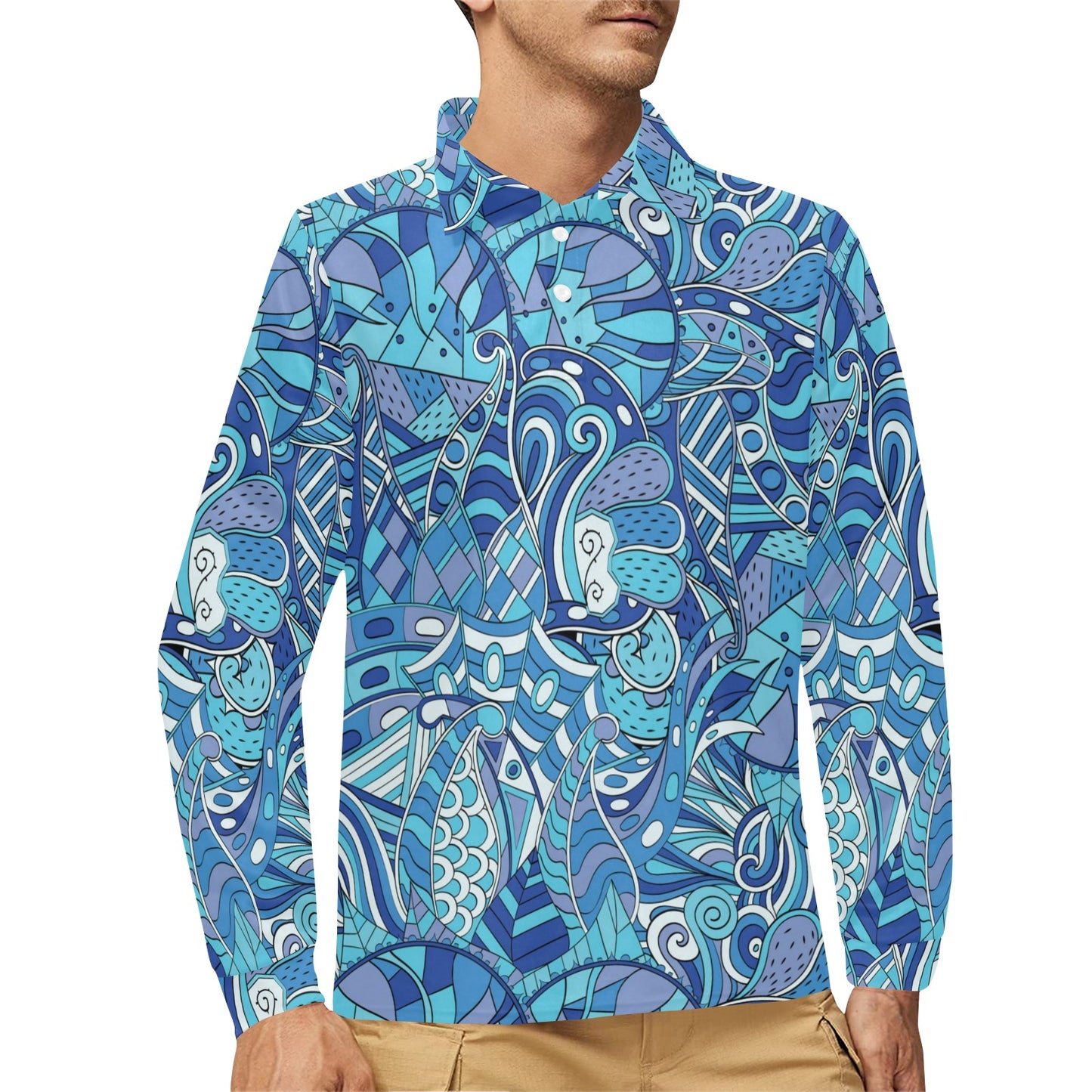 Funky Retro Pattern Print Design A02 Long Sleeve Polo Shirt For Men's
