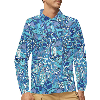 Funky Retro Pattern Print Design A02 Long Sleeve Polo Shirt For Men's