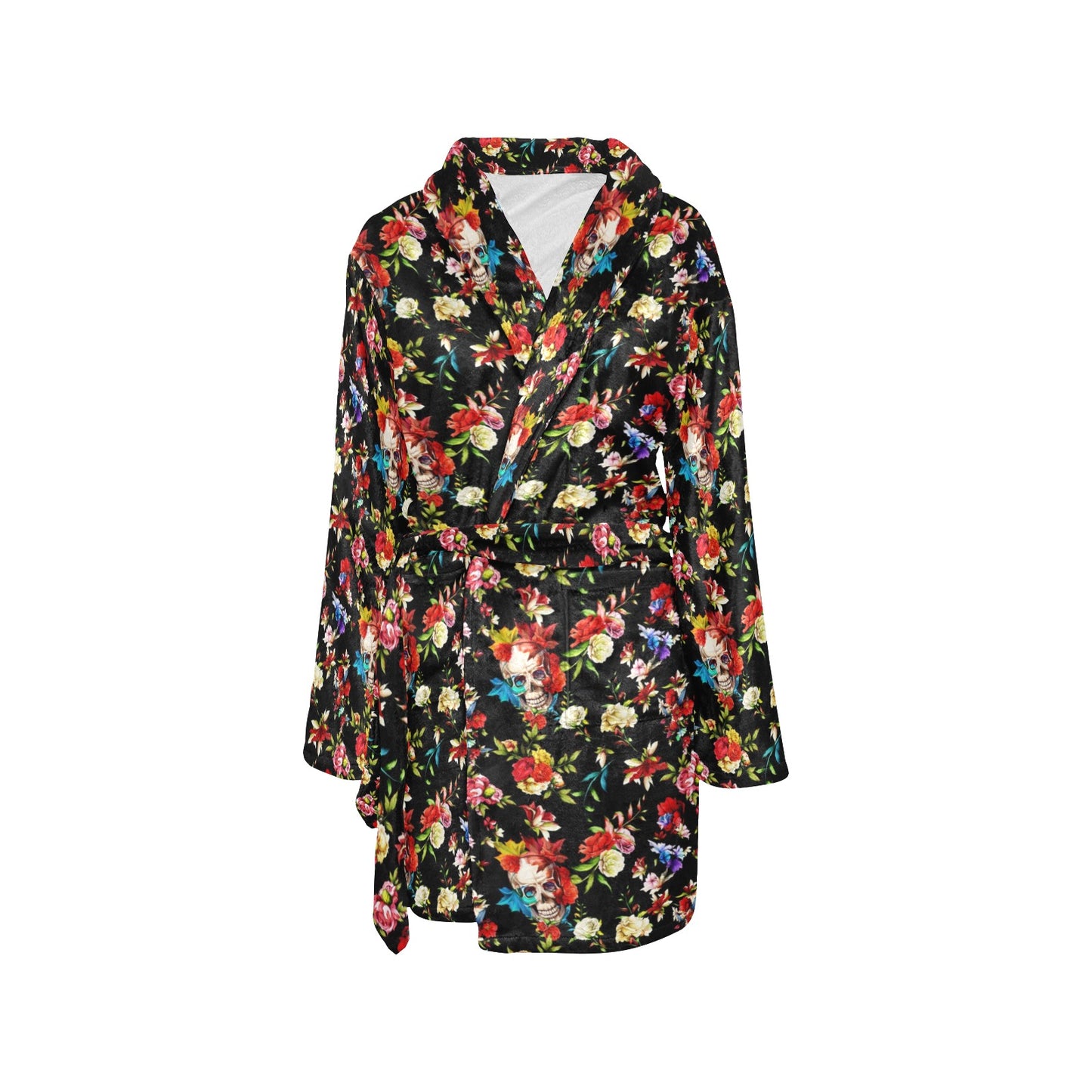 Skull Roses Flower Design Themed Print Women's Fleece Robe